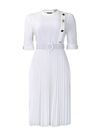 Solid Color Pleated Button Decor Belted Dress