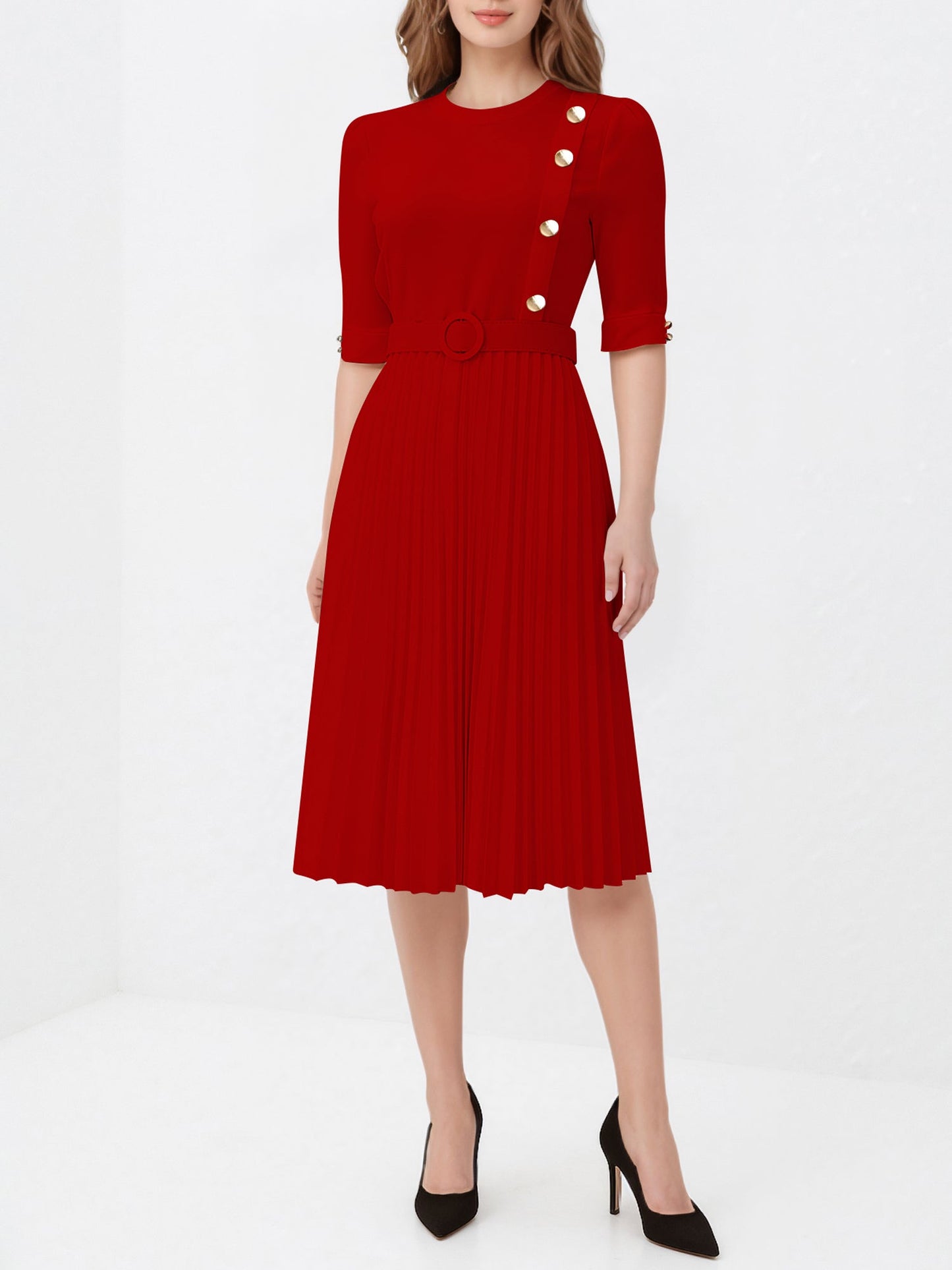 Solid Color Pleated Button Decor Belted Dress