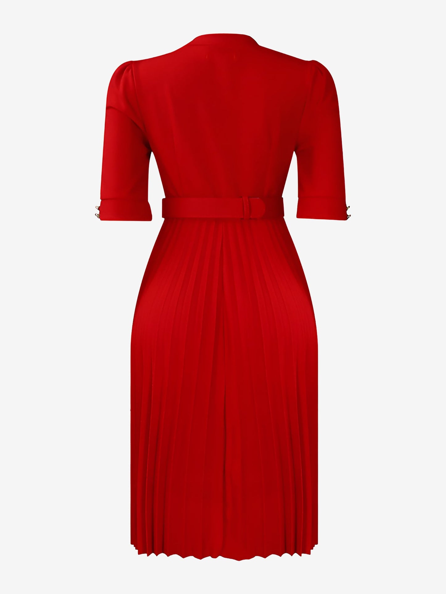 Solid Color Pleated Button Decor Belted Dress