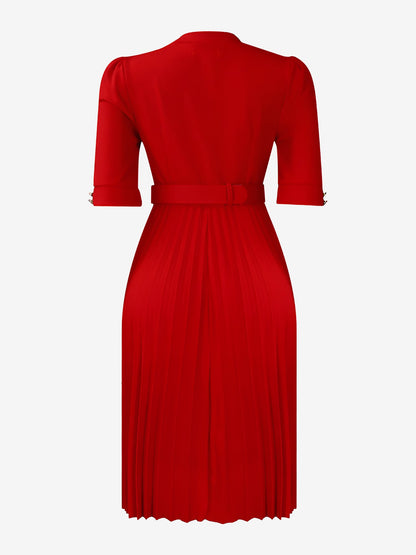 Solid Color Pleated Button Decor Belted Dress