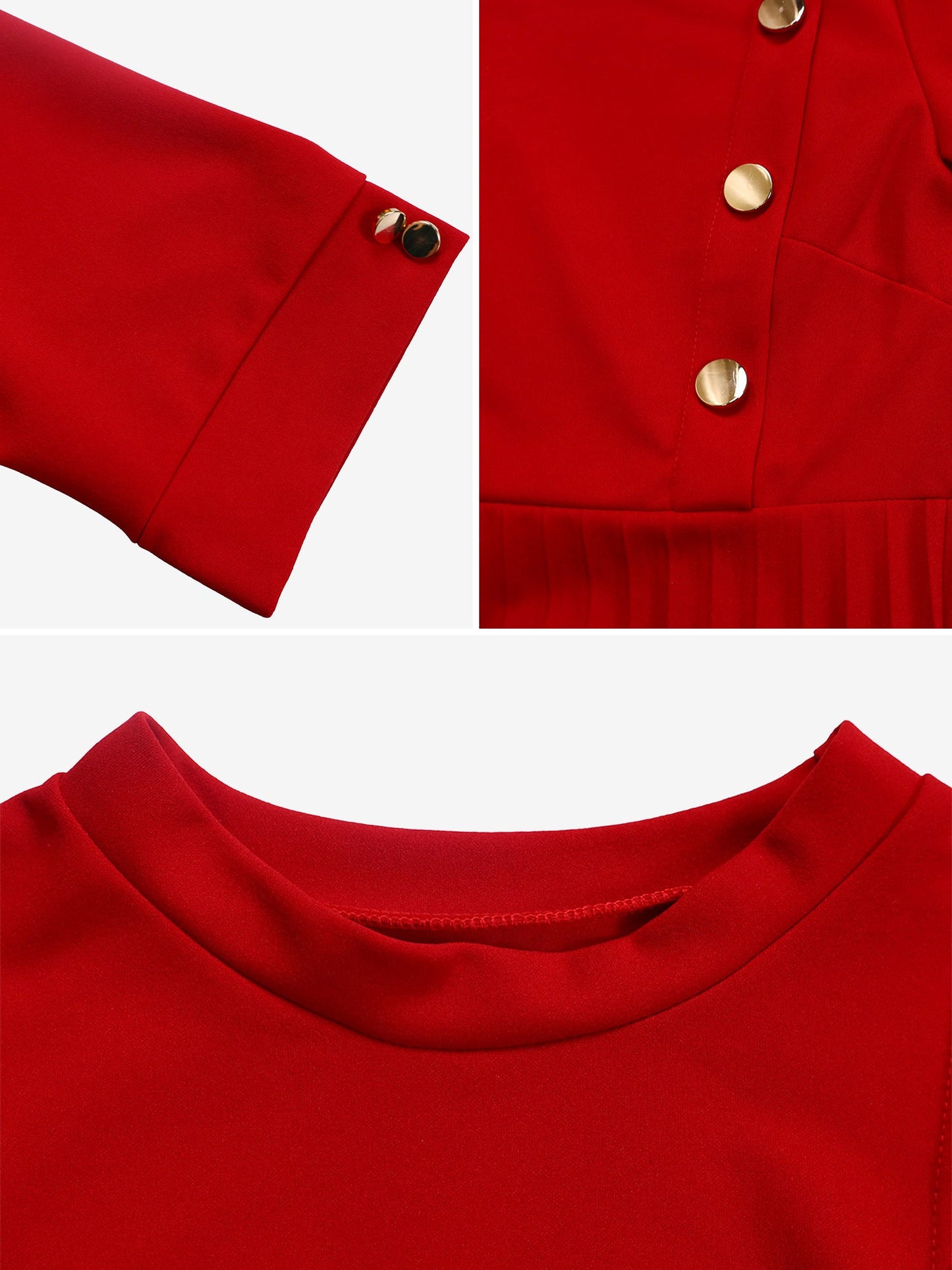 Solid Color Pleated Button Decor Belted Dress