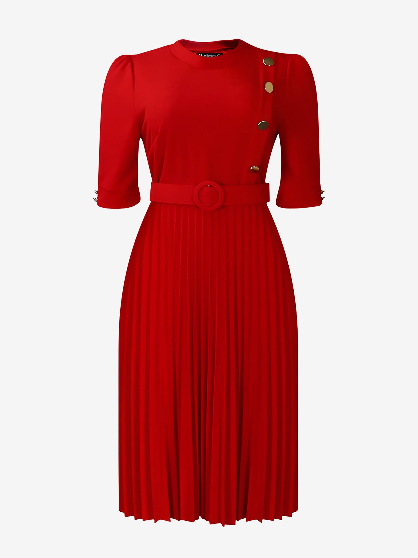 Solid Color Pleated Button Decor Belted Dress