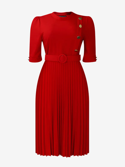 Solid Color Pleated Button Decor Belted Dress