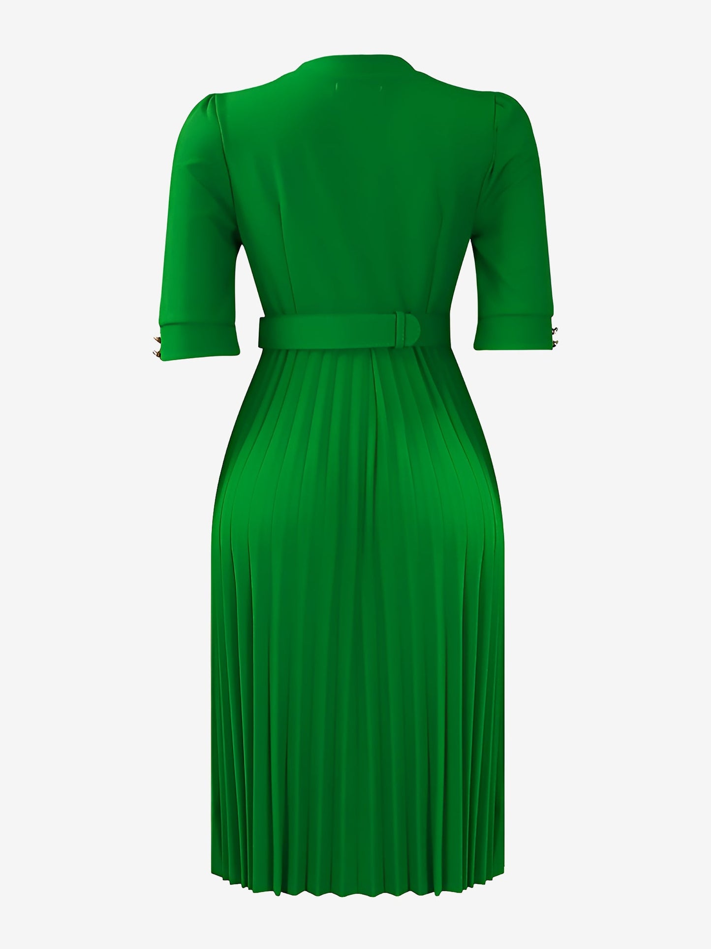 Solid Color Pleated Button Decor Belted Dress