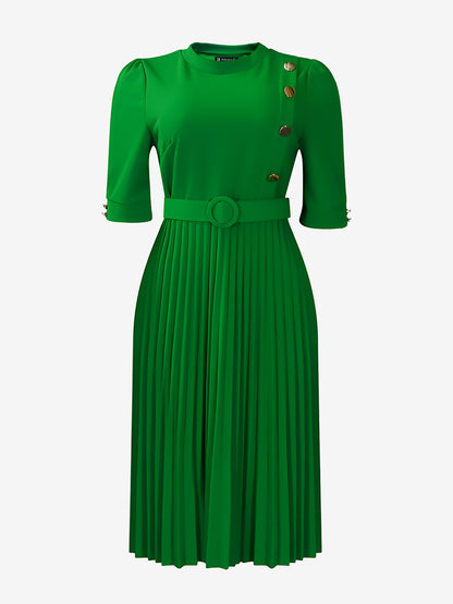 Solid Color Pleated Button Decor Belted Dress