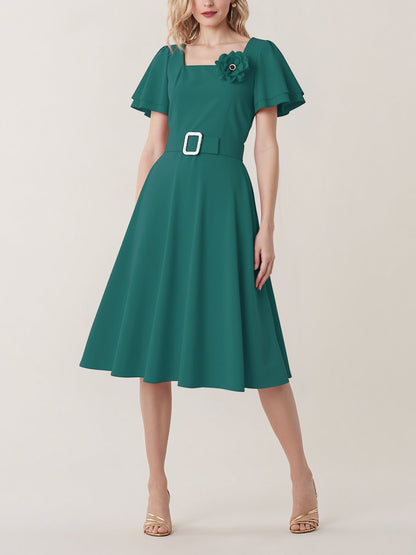 Square Neck Flower Ruffled Sleeves Belted Dress
