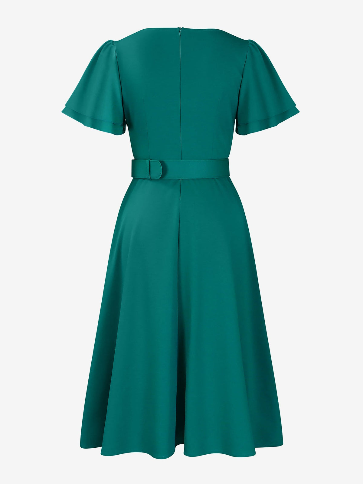 Square Neck Flower Ruffled Sleeves Belted Dress