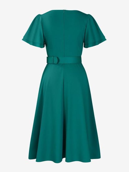 Square Neck Flower Ruffled Sleeves Belted Dress