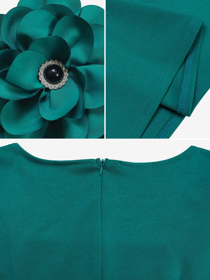 Square Neck Flower Ruffled Sleeves Belted Dress
