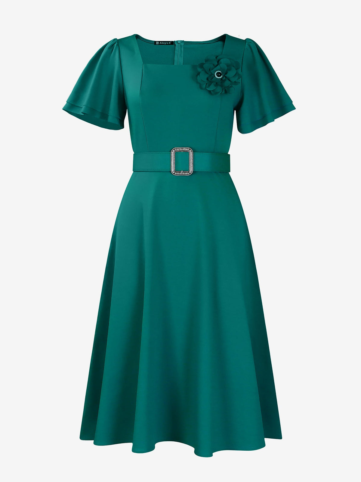 Square Neck Flower Ruffled Sleeves Belted Dress
