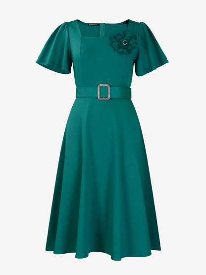Square Neck Flower Ruffled Sleeves Belted Dress