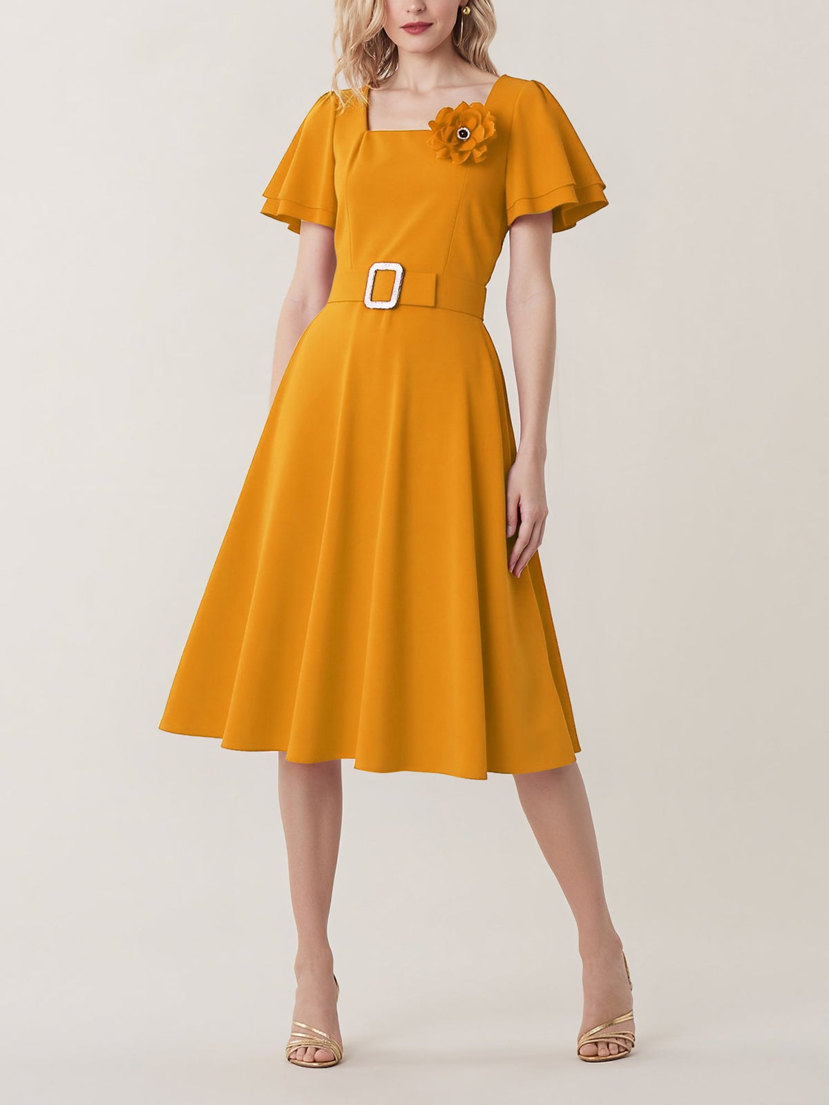 Square Neck Flower Ruffled Sleeves Belted Dress
