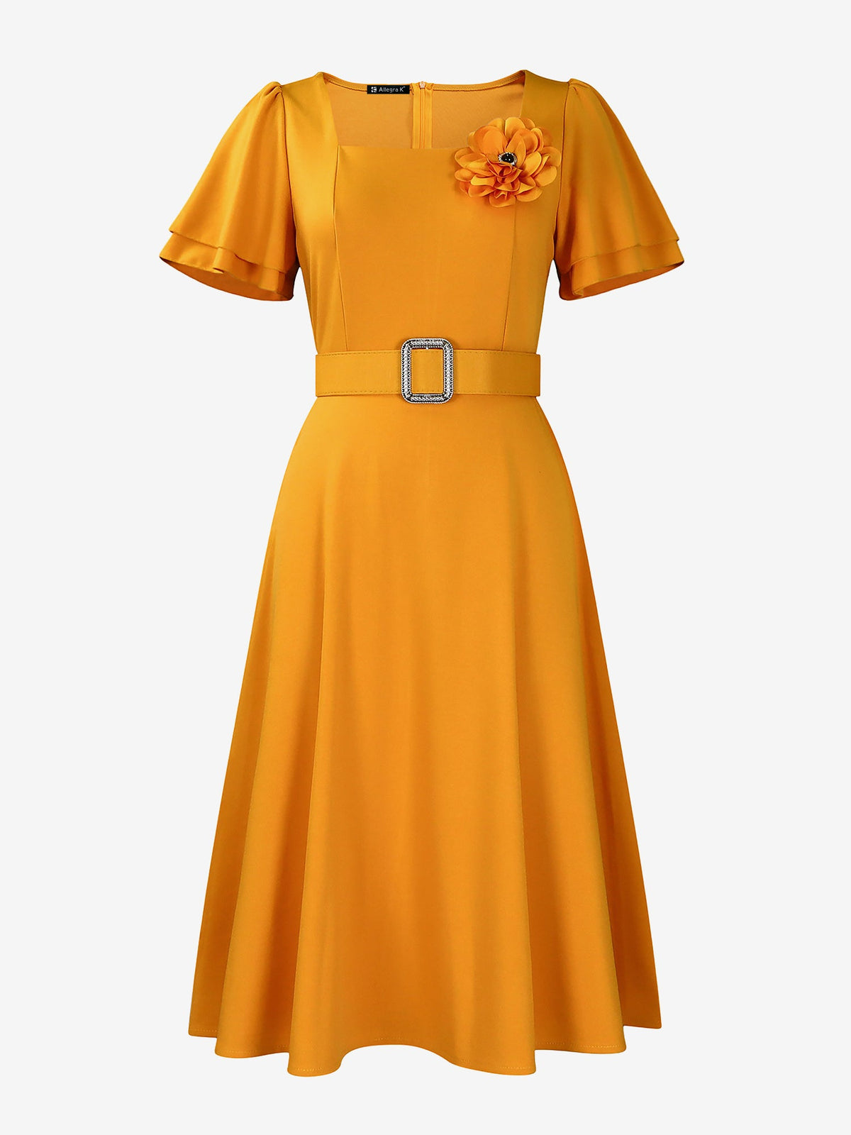 Square Neck Flower Ruffled Sleeves Belted Dress