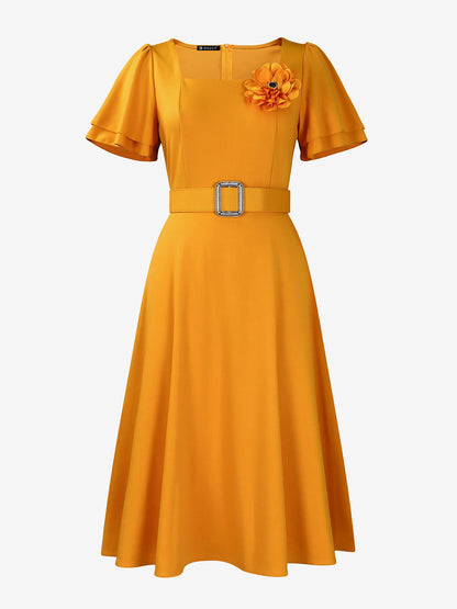 Square Neck Flower Ruffled Sleeves Belted Dress