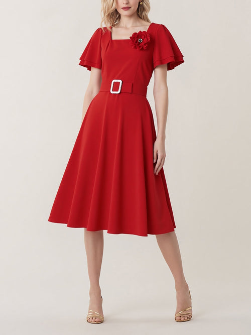 Square Neck Flower Ruffled Sleeves Belted Dress