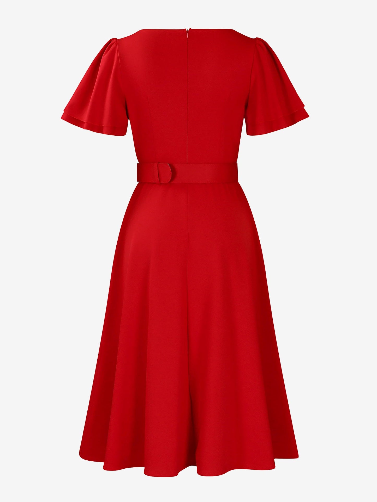 Square Neck Flower Ruffled Sleeves Belted Dress