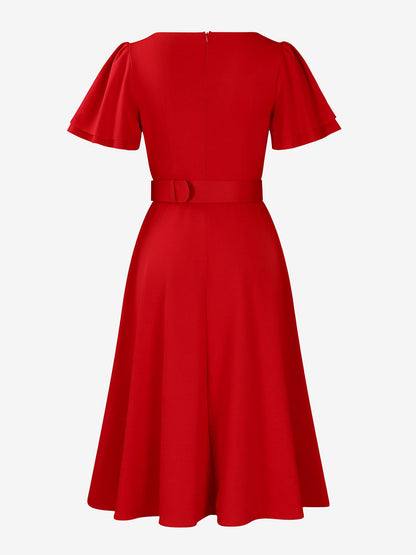 Square Neck Flower Ruffled Sleeves Belted Dress