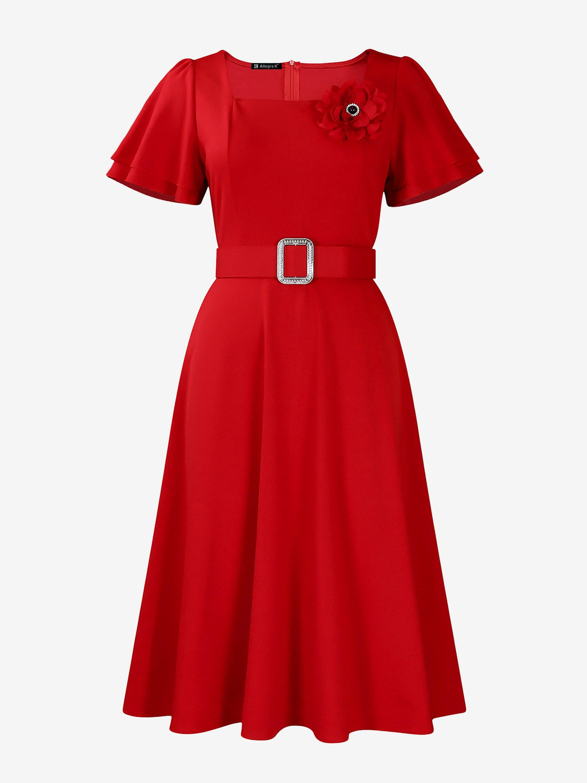 Square Neck Flower Ruffled Sleeves Belted Dress