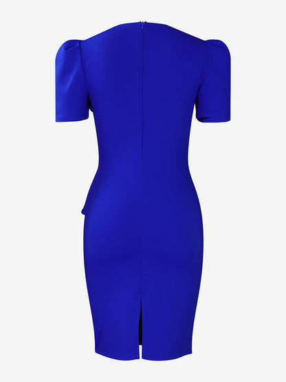 Solid Color Puff Sleeves Midi Sheath Dress