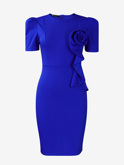 Solid Color Puff Sleeves Midi Sheath Dress