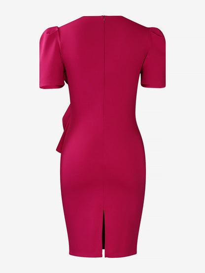 Solid Color Puff Sleeves Midi Sheath Dress
