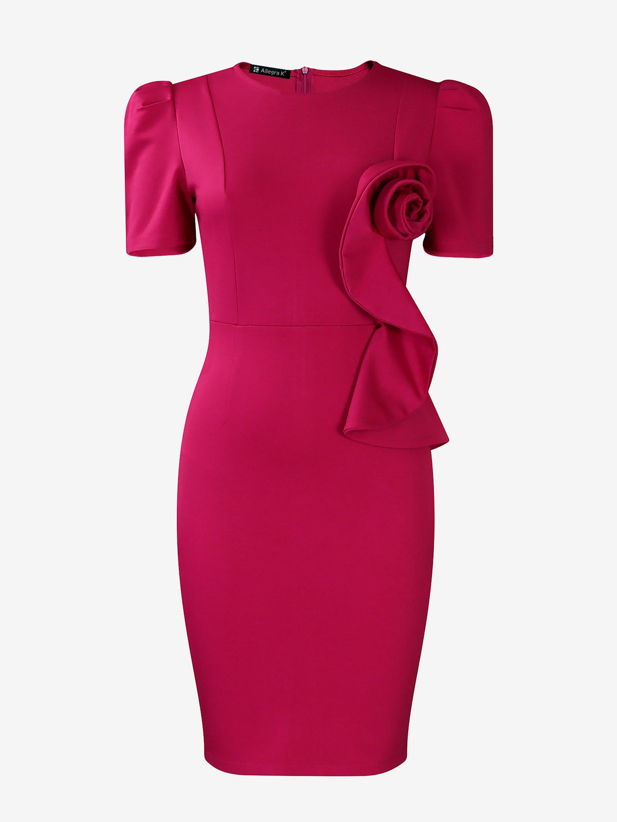 Solid Color Puff Sleeves Midi Sheath Dress