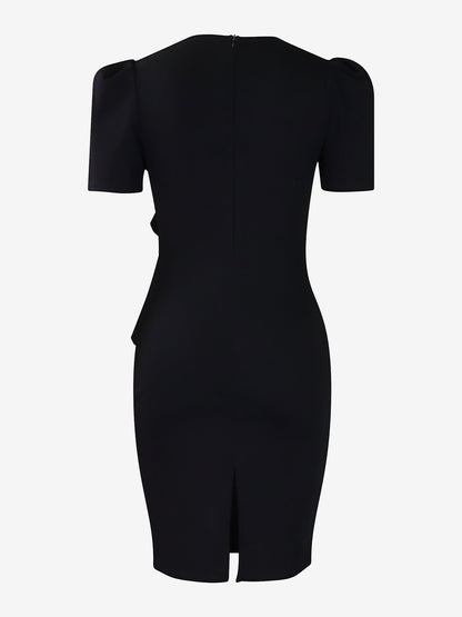 Solid Color Puff Sleeves Midi Sheath Dress