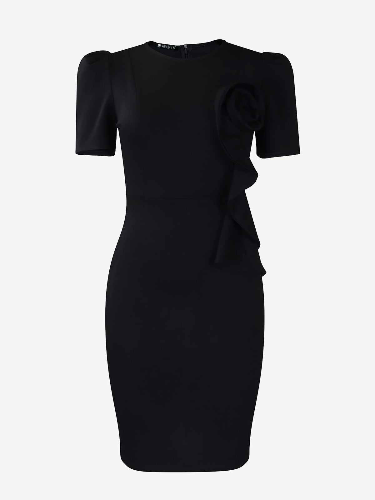 Solid Color Puff Sleeves Midi Sheath Dress