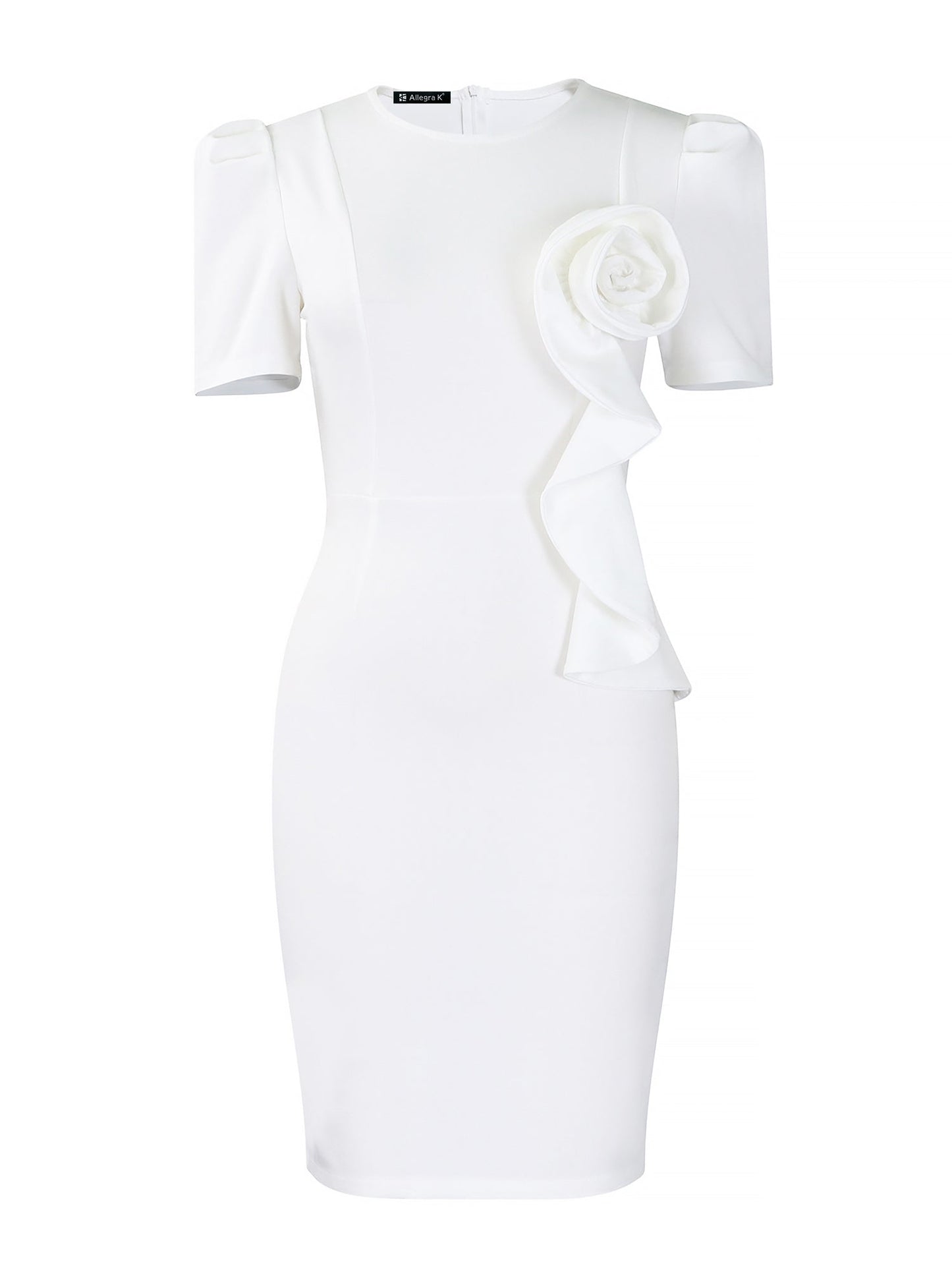 Solid Color Puff Sleeves Midi Sheath Dress