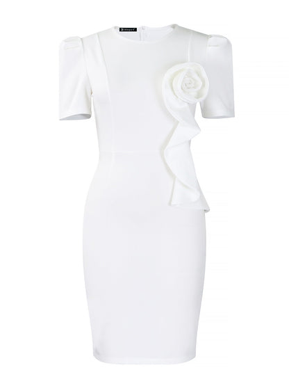 Solid Color Puff Sleeves Midi Sheath Dress