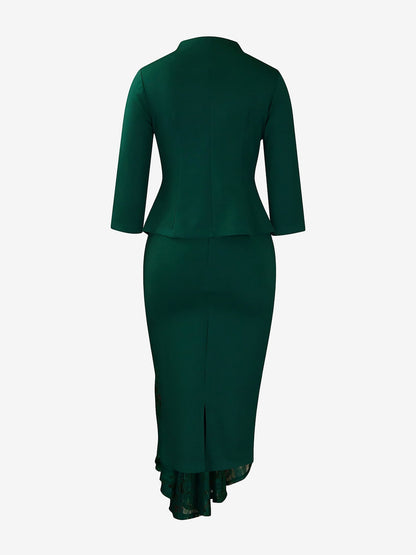 2 Pieces 3/4 Sleeves Blazer & Lace Ruffled Midi Pencil Skirt Set