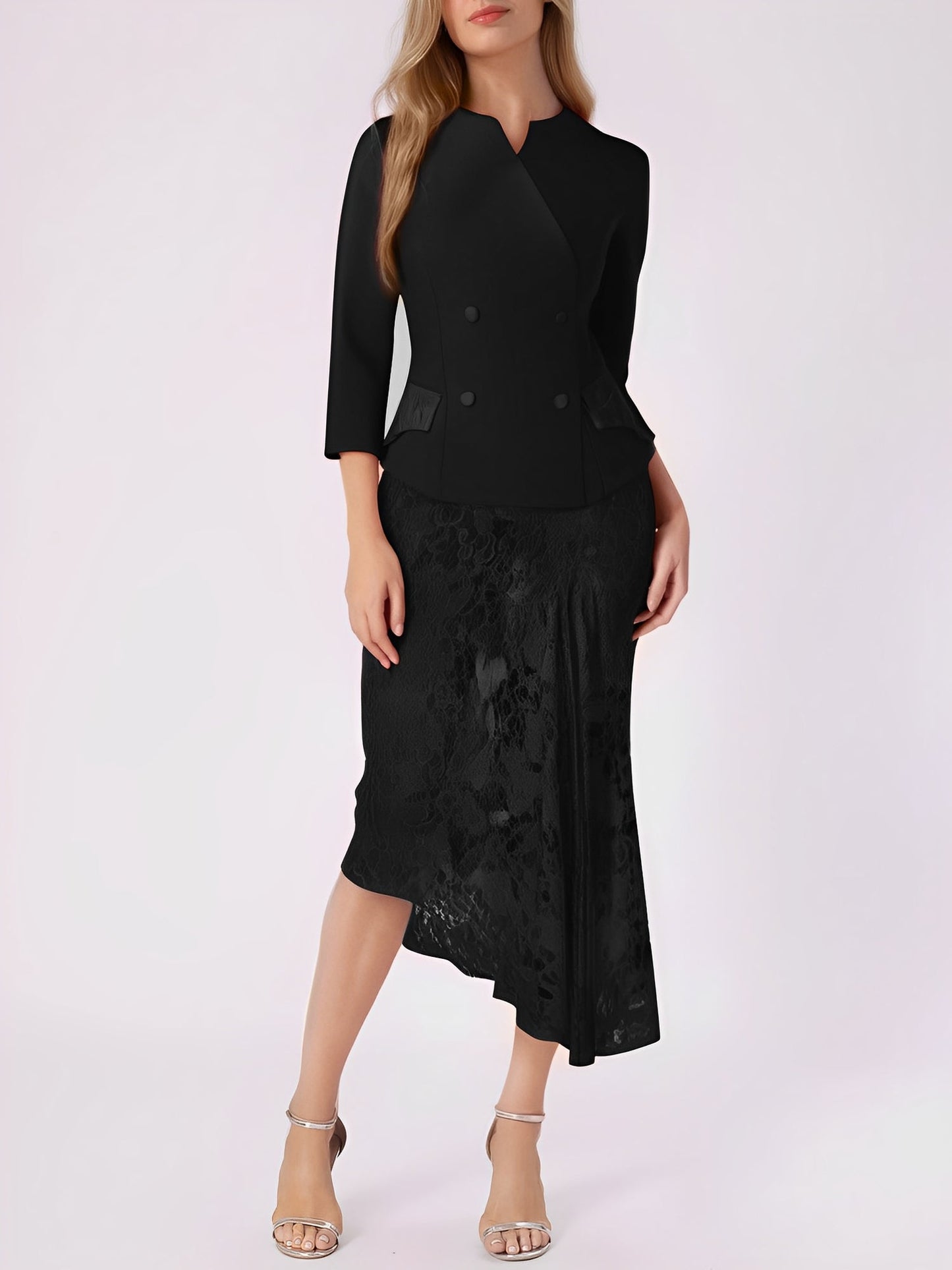 2 Pieces 3/4 Sleeves Blazer & Lace Ruffled Midi Pencil Skirt Set
