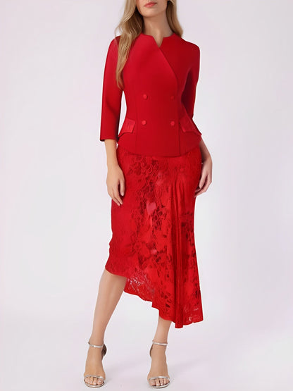 2 Pieces 3/4 Sleeves Blazer & Lace Ruffled Midi Pencil Skirt Set