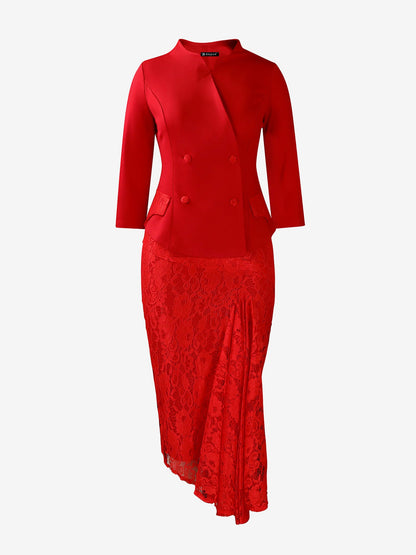 2 Pieces 3/4 Sleeves Blazer & Lace Ruffled Midi Pencil Skirt Set