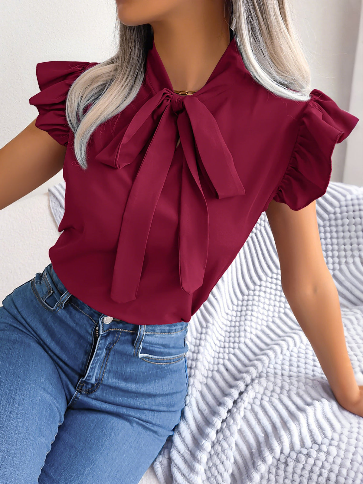 Ruffled Cap Sleeves Lace-Up Bow Casual Blouse
