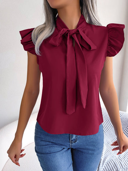 Ruffled Cap Sleeves Lace-Up Bow Casual Blouse