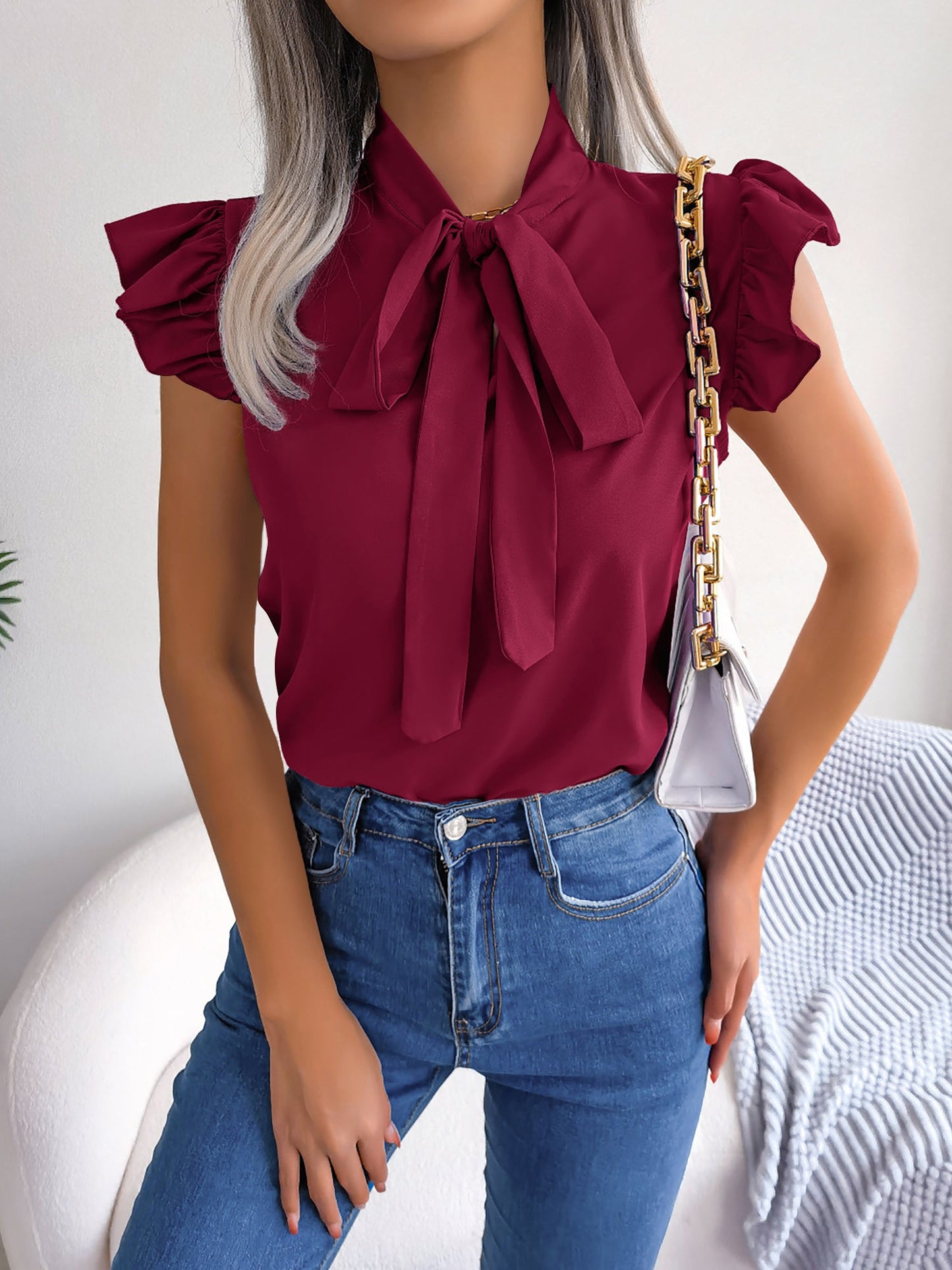 Ruffled Cap Sleeves Lace-Up Bow Casual Blouse
