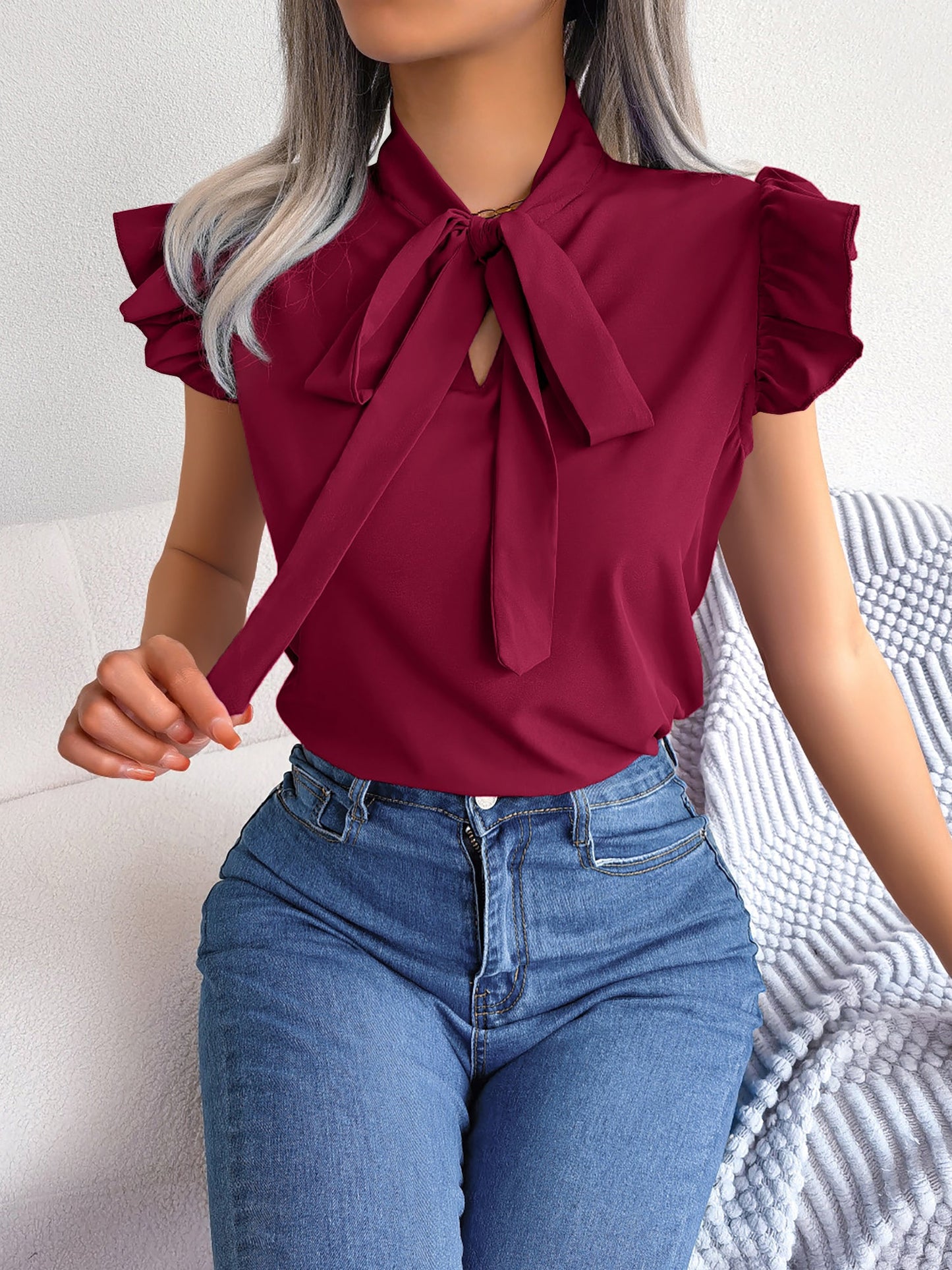 Ruffled Cap Sleeves Lace-Up Bow Casual Blouse