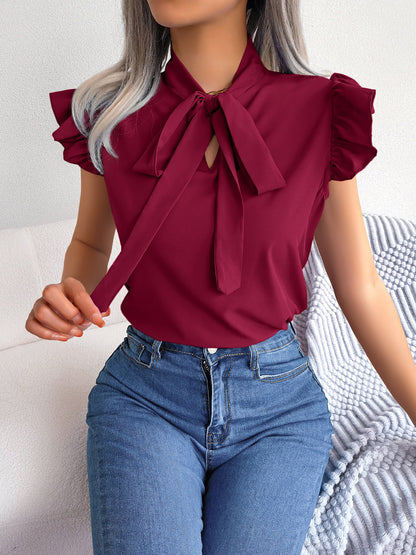 Ruffled Cap Sleeves Lace-Up Bow Casual Blouse
