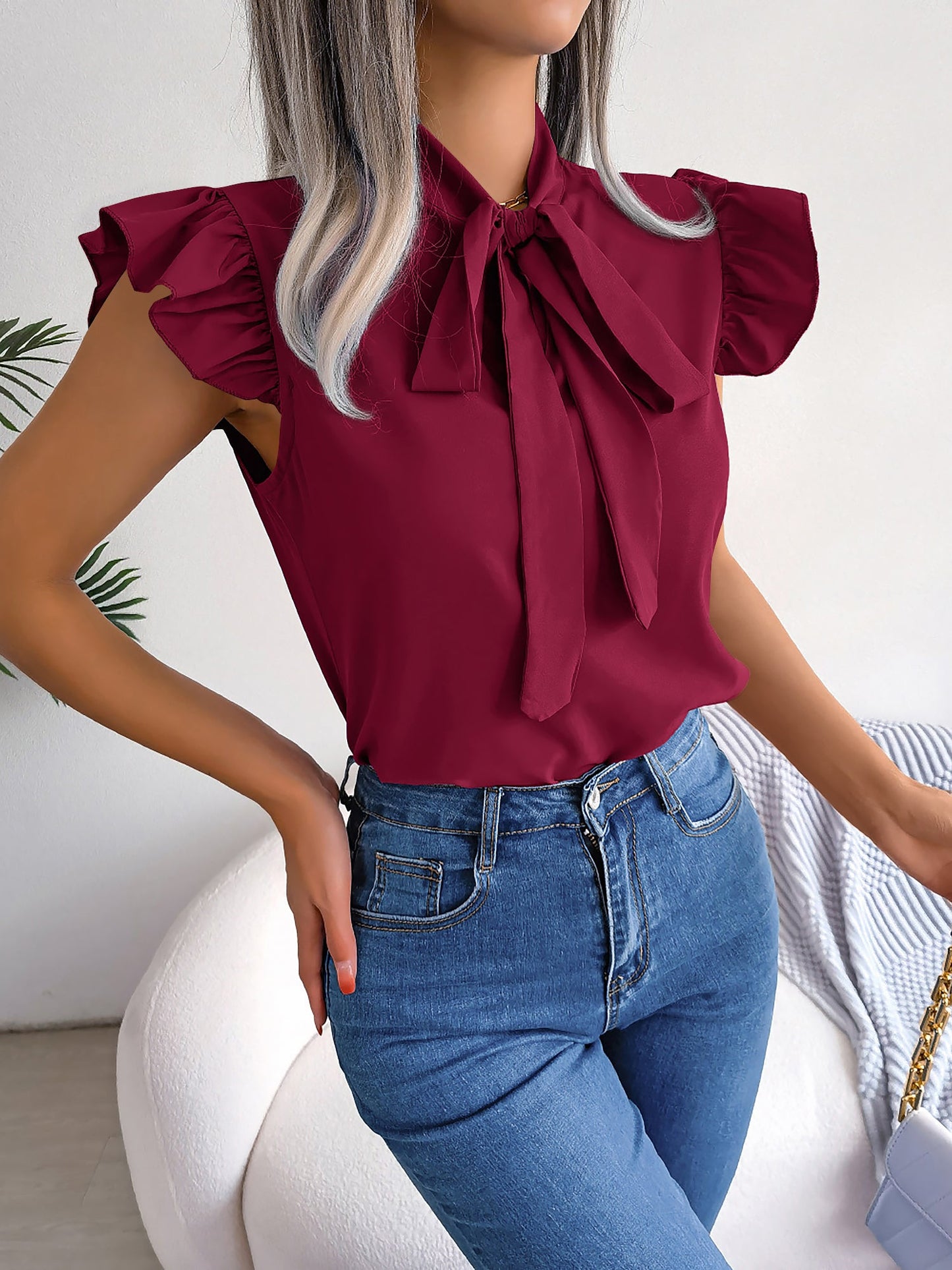 Ruffled Cap Sleeves Lace-Up Bow Casual Blouse