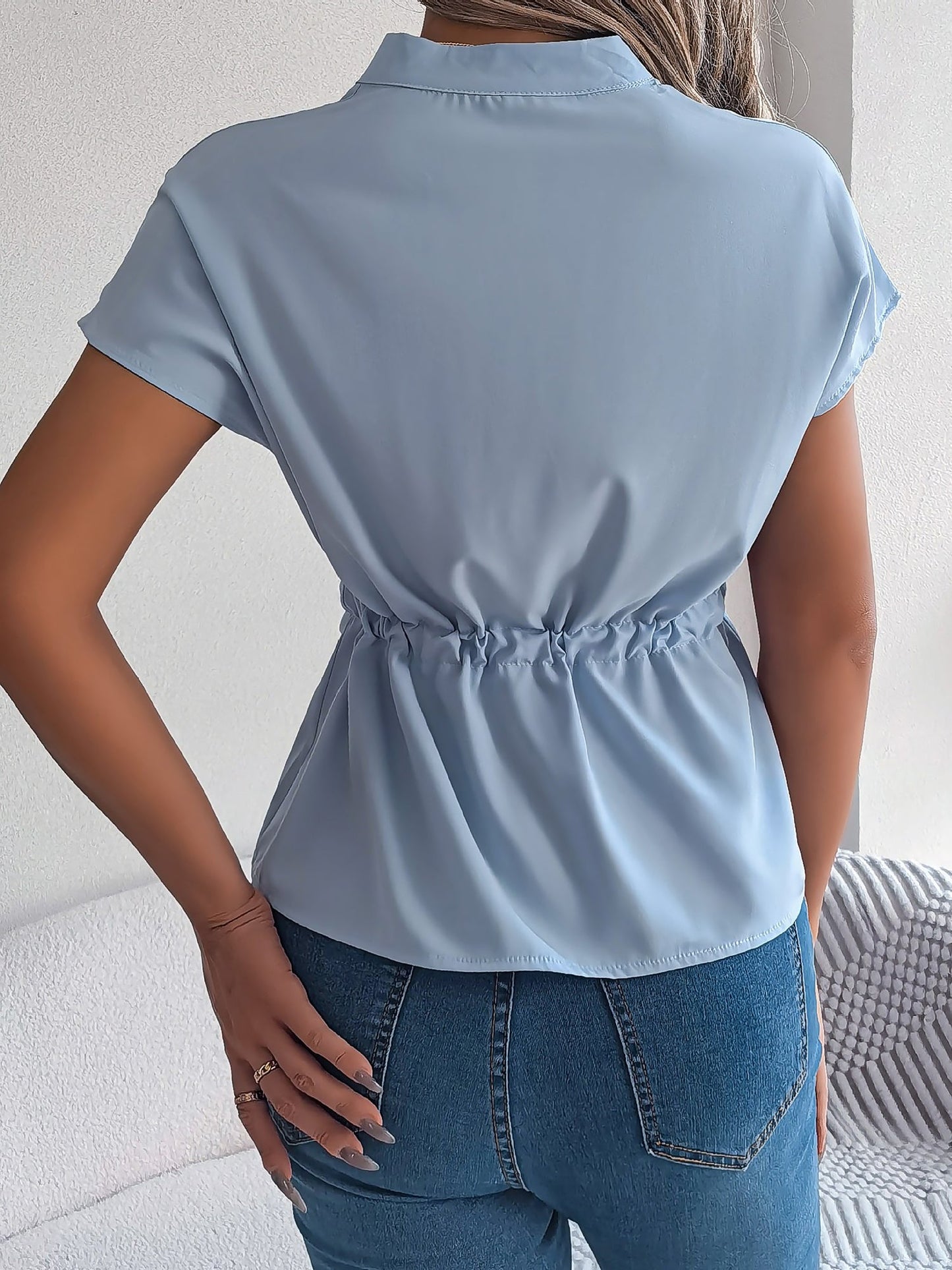 Button Down Drawstring Short Sleeve Blouse