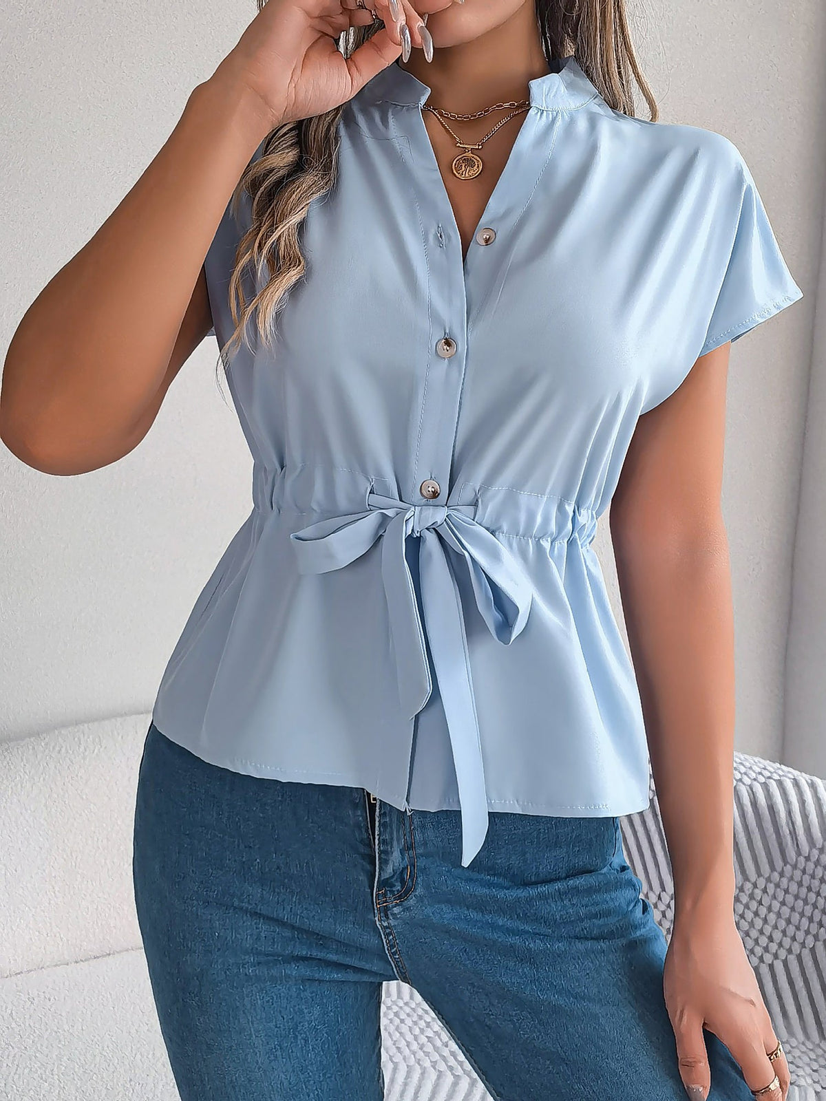 Button Down Drawstring Short Sleeve Blouse