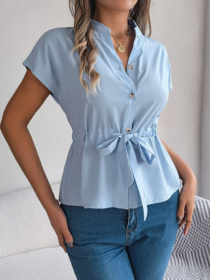 Button Down Drawstring Short Sleeve Blouse