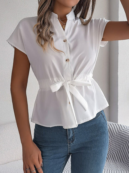 Button Down Drawstring Short Sleeve Blouse