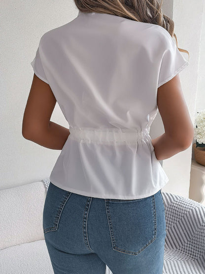 Button Down Drawstring Short Sleeve Blouse