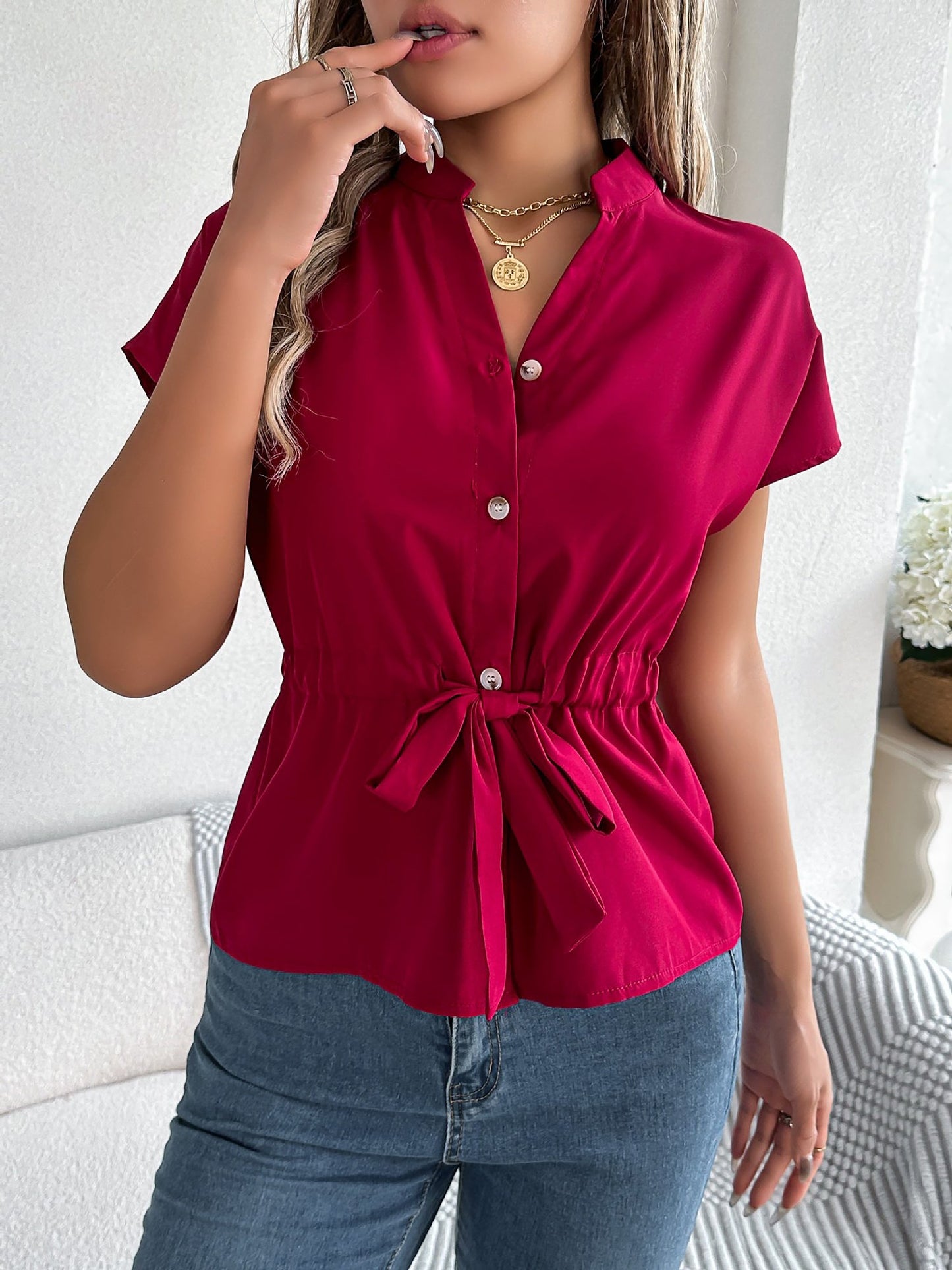 Button Down Drawstring Short Sleeve Blouse