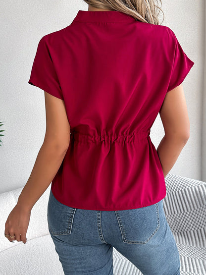 Button Down Drawstring Short Sleeve Blouse