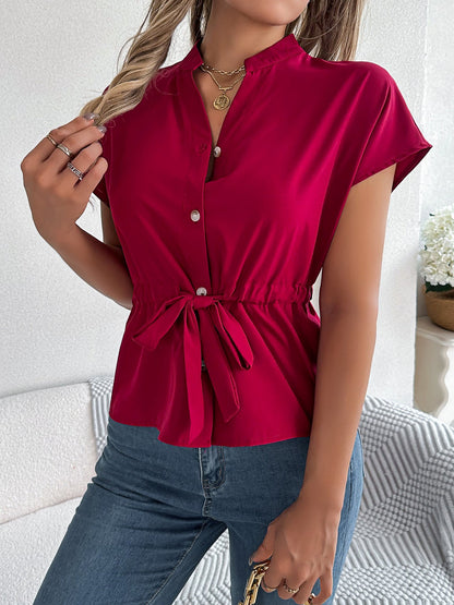 Button Down Drawstring Short Sleeve Blouse