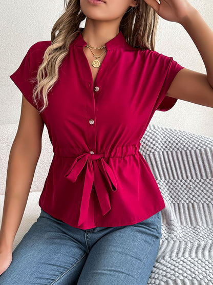 Button Down Drawstring Short Sleeve Blouse