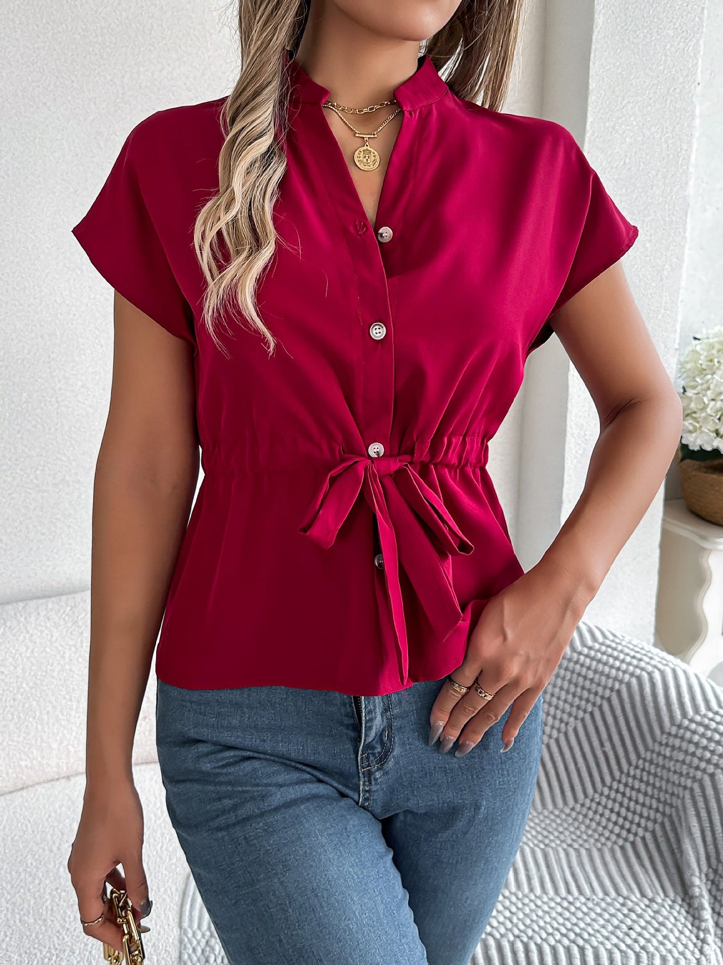 Button Down Drawstring Short Sleeve Blouse